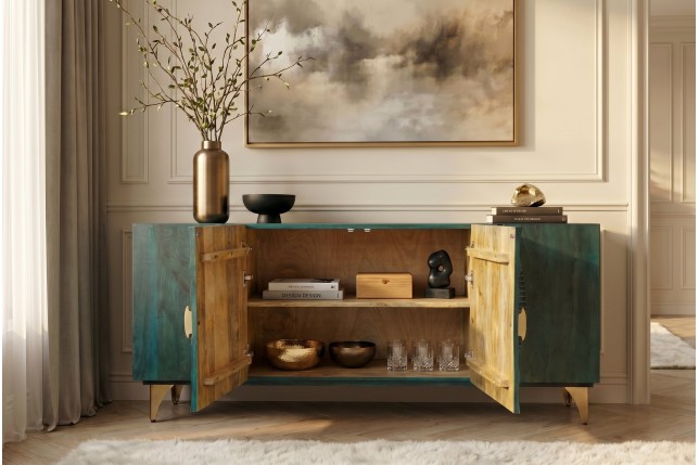 Buffet bas GOLDEN SUNSET 180cm manguier turquoise doré