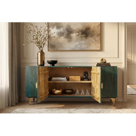 Buffet bas GOLDEN SUNSET 180cm manguier turquoise doré