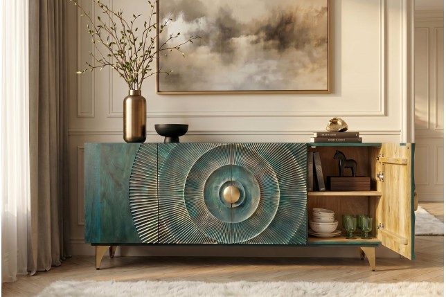 Buffet bas GOLDEN SUNSET 180cm manguier turquoise doré
