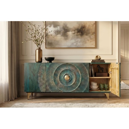 Buffet bas GOLDEN SUNSET 180cm manguier turquoise doré