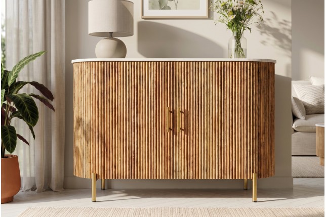 Buffet bas TRES CHIC 105cm manguier et marbre blanc doré