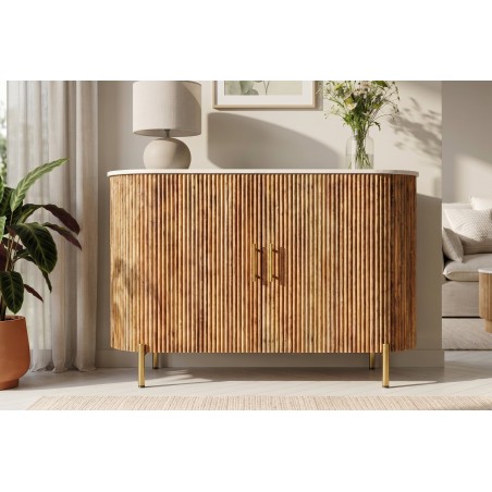 Buffet bas TRES CHIC 105cm manguier et marbre blanc doré