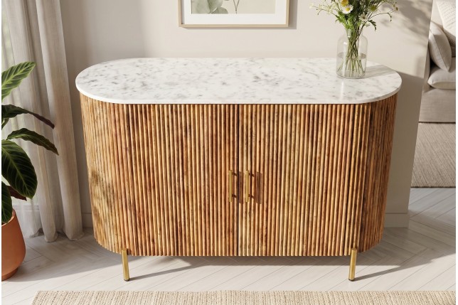 Buffet bas TRES CHIC 105cm manguier et marbre blanc doré
