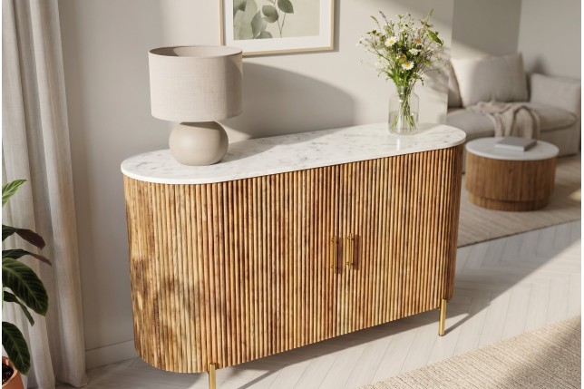 Buffet bas TRES CHIC 105cm manguier et marbre blanc doré