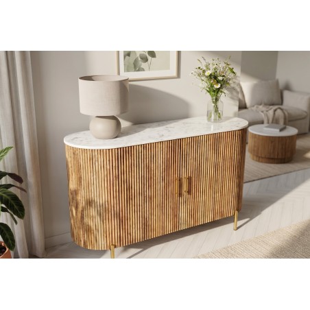 Buffet bas TRES CHIC 105cm manguier et marbre blanc doré
