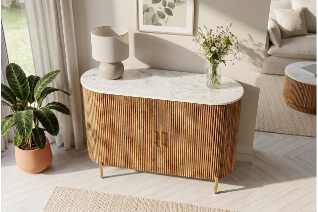Buffet bas TRES CHIC 105cm manguier et marbre blanc doré