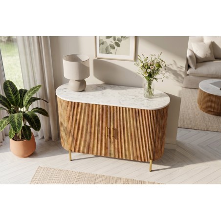 Buffet bas TRES CHIC 105cm manguier et marbre blanc doré
