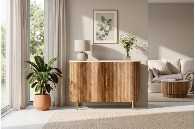 Buffet bas TRES CHIC 105cm manguier et marbre blanc doré