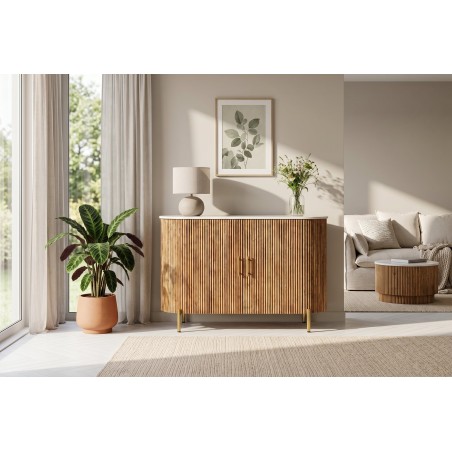 Buffet bas TRES CHIC 105cm manguier et marbre blanc doré