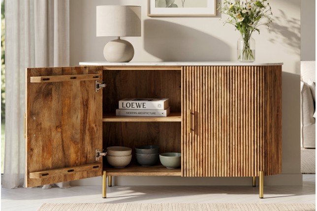 Buffet bas TRES CHIC 105cm manguier et marbre blanc doré