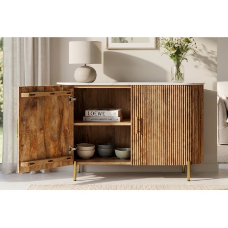 Buffet bas TRES CHIC 105cm manguier et marbre blanc doré