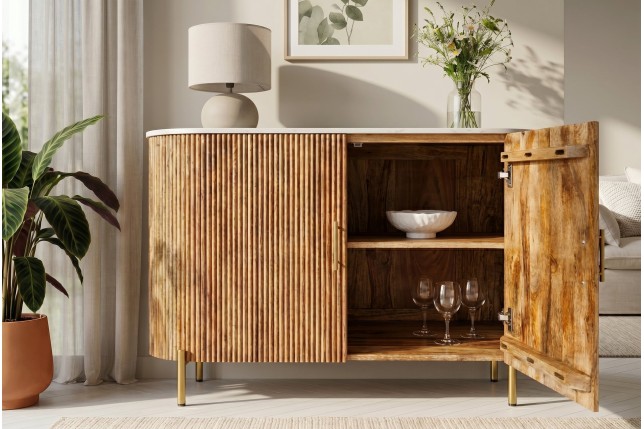 Buffet bas TRES CHIC 105cm manguier et marbre blanc doré