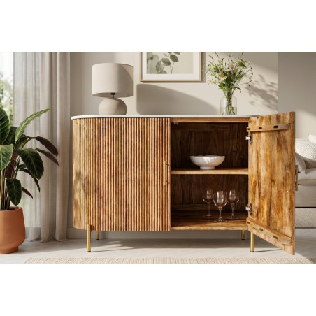 Buffet bas TRES CHIC 105cm manguier et marbre blanc doré