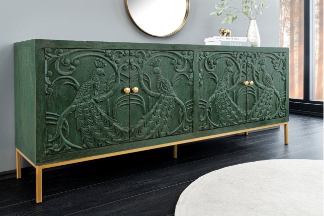 Buffet bas PEACOCK 175cm manguier vert antique doré