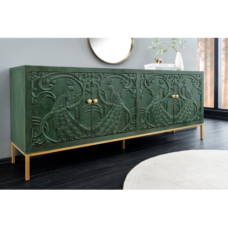 Buffet bas PEACOCK 175cm manguier vert antique doré