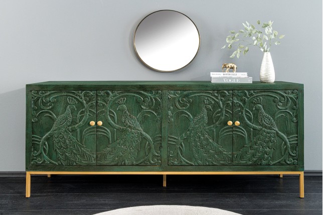 Buffet bas PEACOCK 175cm manguier vert antique doré