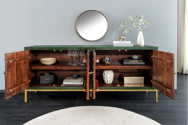 Buffet bas PEACOCK 175cm manguier vert antique doré