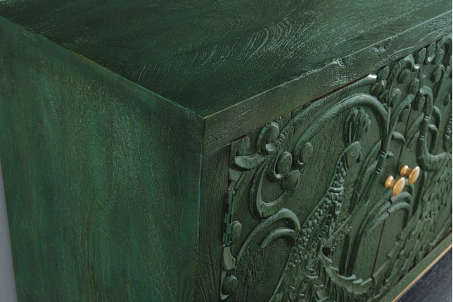 Buffet bas PEACOCK 175cm manguier vert antique doré