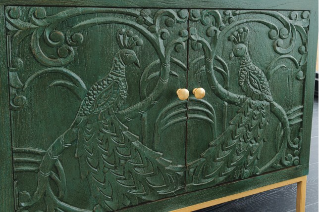 Buffet bas PEACOCK 175cm manguier vert antique doré