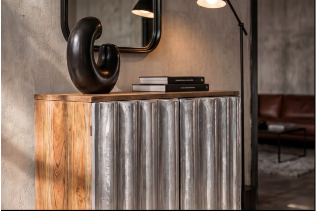 Buffet bas ZALVERO manguier et aluminium naturel argenté