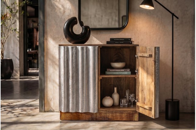 Buffet bas ZALVERO manguier et aluminium naturel argenté