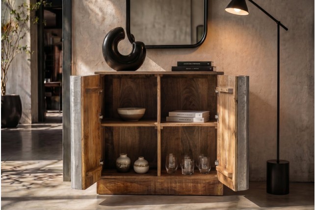 Buffet bas ZALVERO manguier et aluminium naturel argenté