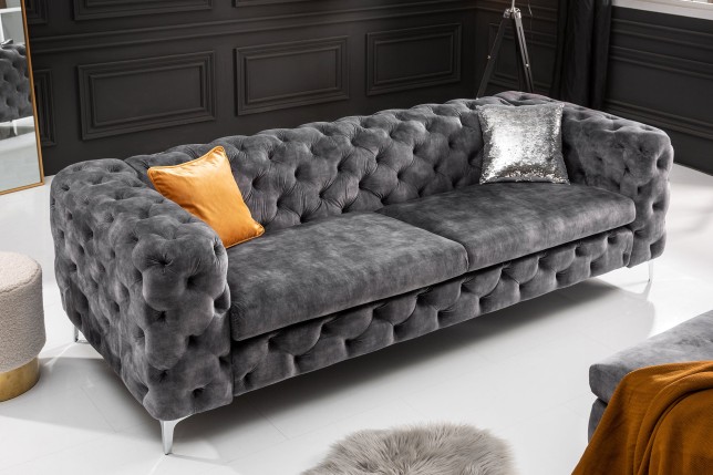 Canapé MODERN BAROCK 3 places velours gris Chesterfield