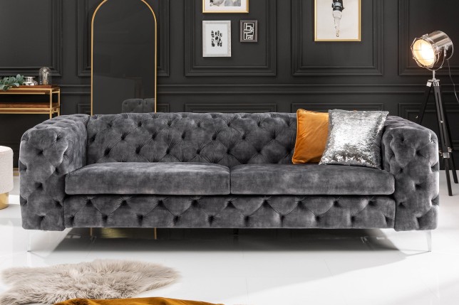 Canapé MODERN BAROCK 3 places velours gris Chesterfield