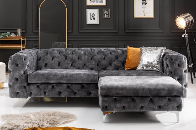 Canapé MODERN BAROCK 3 places velours gris Chesterfield