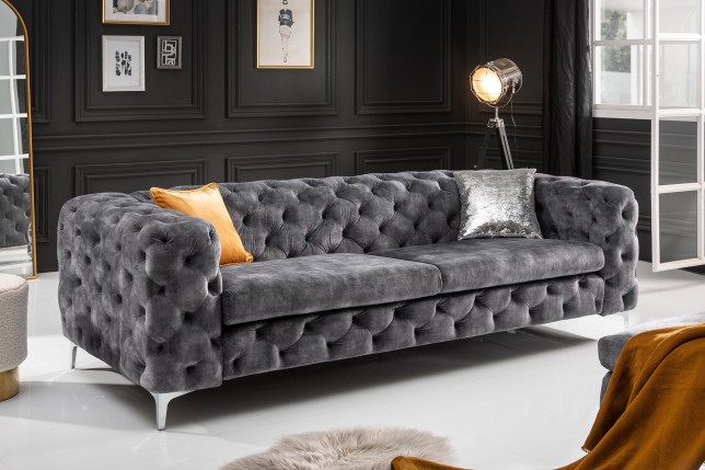 Canapé MODERN BAROCK 3 places velours gris Chesterfield