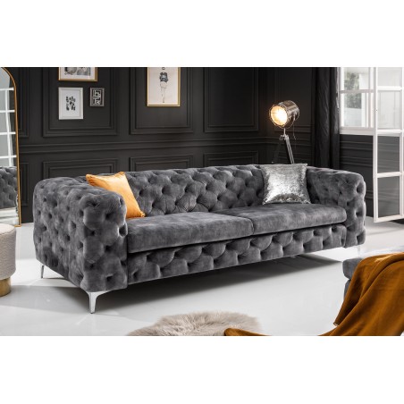 Canapé MODERN BAROCK 3 places velours gris Chesterfield