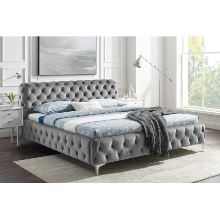 Lit MODERN BAROCK 160x200cm velours gris style Chesterfield baroque