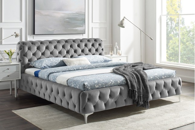 Lit MODERN BAROCK 160x200cm velours gris style Chesterfield baroque
