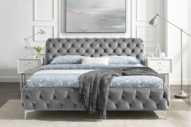 Lit MODERN BAROCK 160x200 velours gris Chesterfield