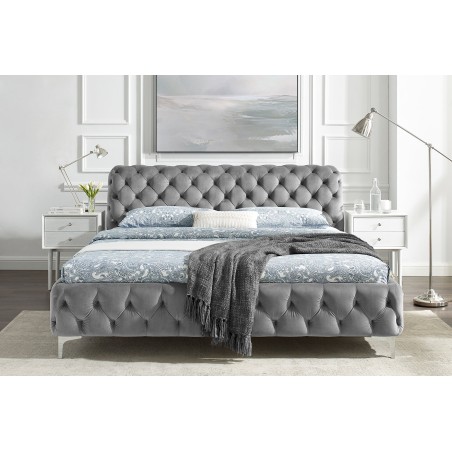 Lit MODERN BAROCK 160x200 velours gris Chesterfield