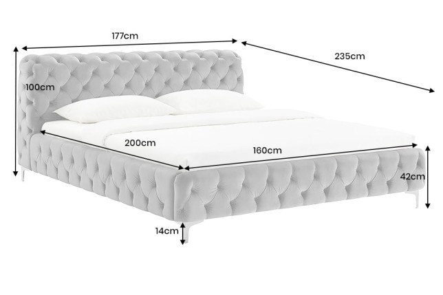 Lit MODERN BAROCK 160x200 velours gris Chesterfield