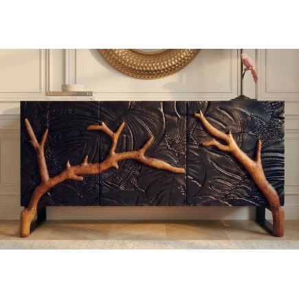 Buffet bas FOREST 160cm manguier massif noir marron 3D