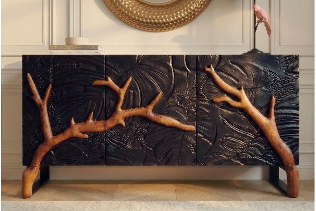 Buffet bas FOREST 160cm manguier massif noir marron 3D