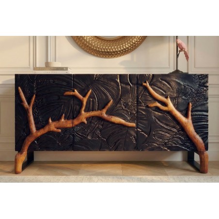 Buffet bas FOREST 160cm manguier massif noir marron 3D