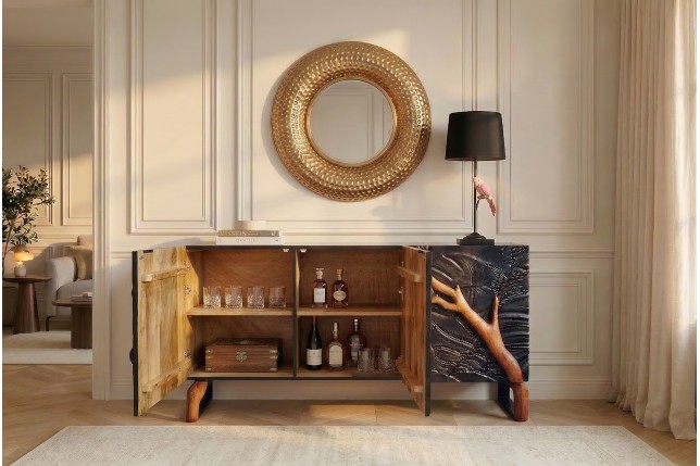 Buffet bas FOREST 160cm manguier massif noir marron 3D