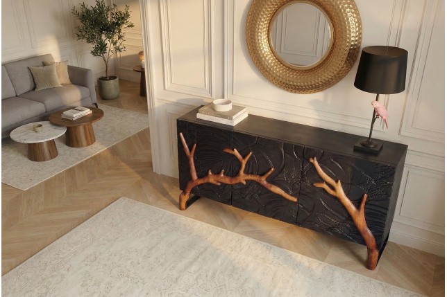 Buffet bas FOREST 160cm manguier massif noir marron 3D