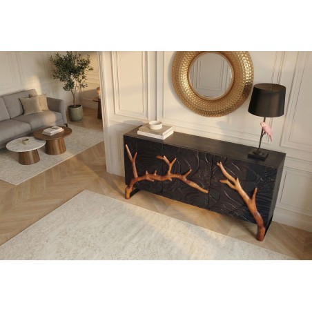 Buffet bas FOREST 160cm manguier massif noir marron 3D