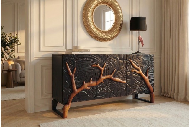 Buffet bas FOREST 160cm manguier massif noir marron 3D