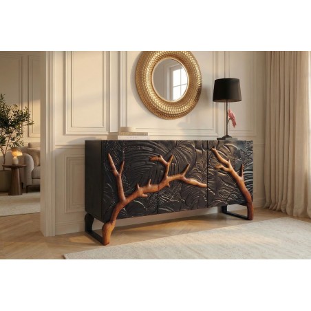 Buffet bas FOREST 160cm manguier massif noir marron 3D