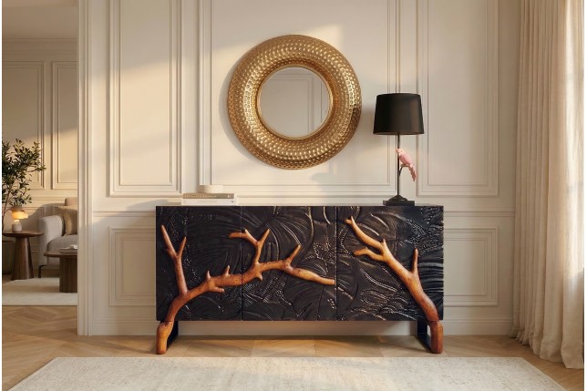 Buffet bas FOREST 160cm manguier massif noir marron 3D