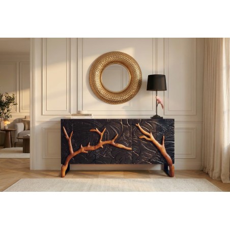 Buffet bas FOREST 160cm manguier massif noir marron 3D