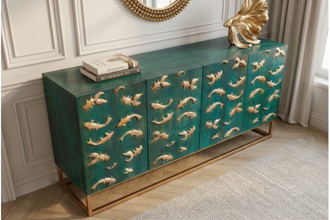 Buffet bas GOLDEN LAGOON 180cm manguier turquoise et doré