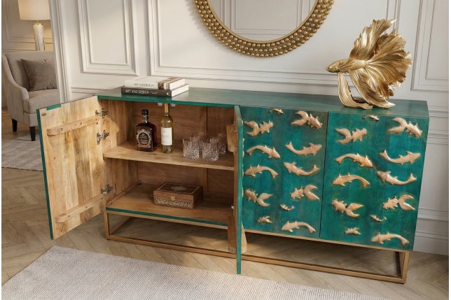 Buffet bas GOLDEN LAGOON 180cm manguier turquoise et doré