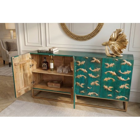 Buffet bas GOLDEN LAGOON 180cm manguier turquoise et doré