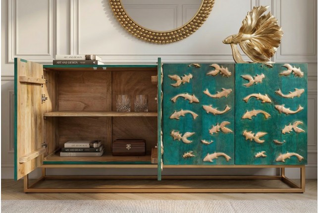 Buffet bas GOLDEN LAGOON 180cm manguier turquoise et doré